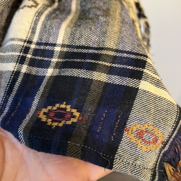 En Creme Blue Blue Plaid Open Front‎ Crinkle Draped Fringe Cardigan M ♣️ - Picture 4 of 6